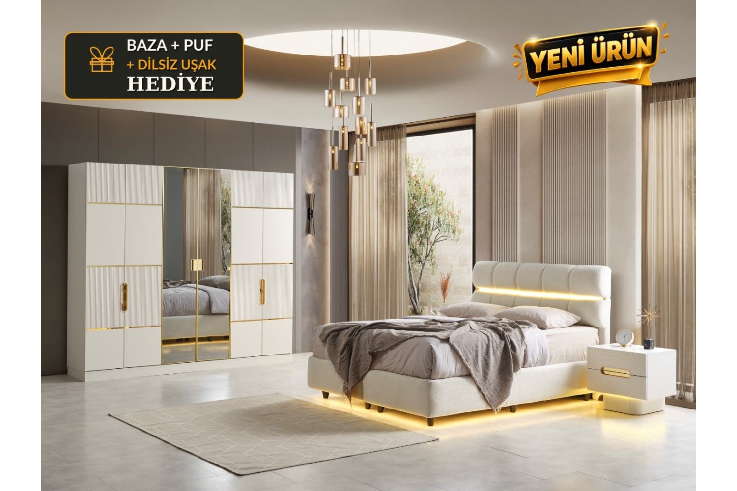 Basel Yatak Odası Takımı %100 MDF (DİLSİZ UŞAK + BAZA+PUF +SEHPA HEDİYE)